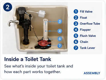 Open toilet tank identifying the main working components.