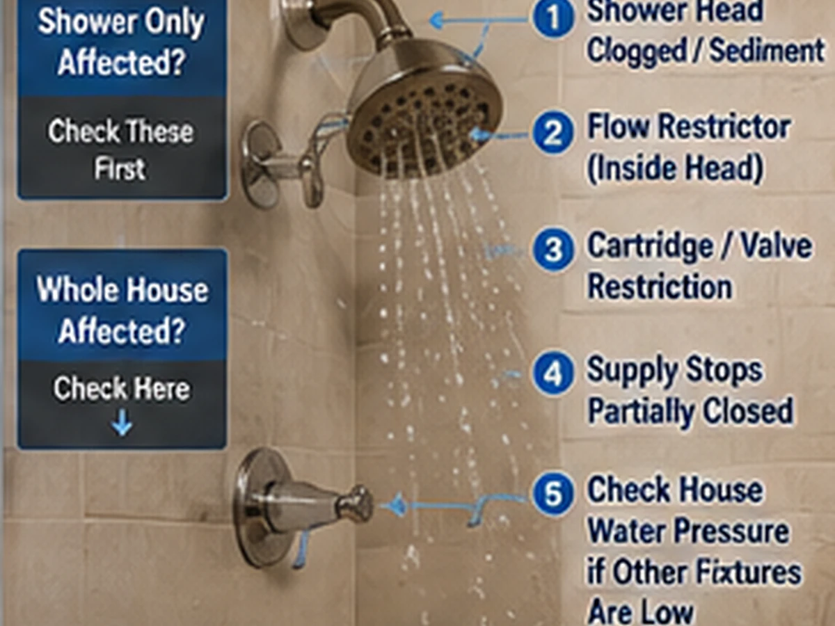 Realistic shower pressure diagnostic showing shower-head, cartridge/valve and supply inspection points.