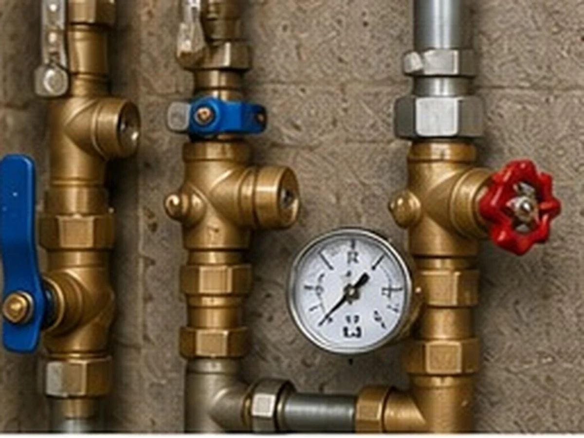Residential pressure gauge and pressure control piping used to investigate high water pressure.