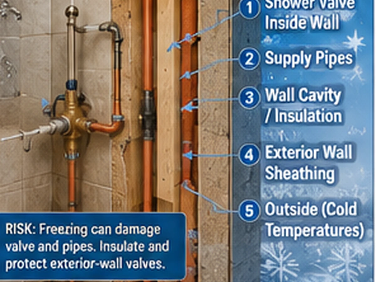 Realistic exterior-wall shower-valve view showing water piping, insulation and the cold exterior side of the wall.