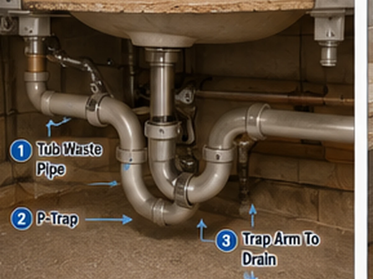 Realistic bathtub drainage view showing the tub waste, P-trap and trap arm relationship below the fixture.