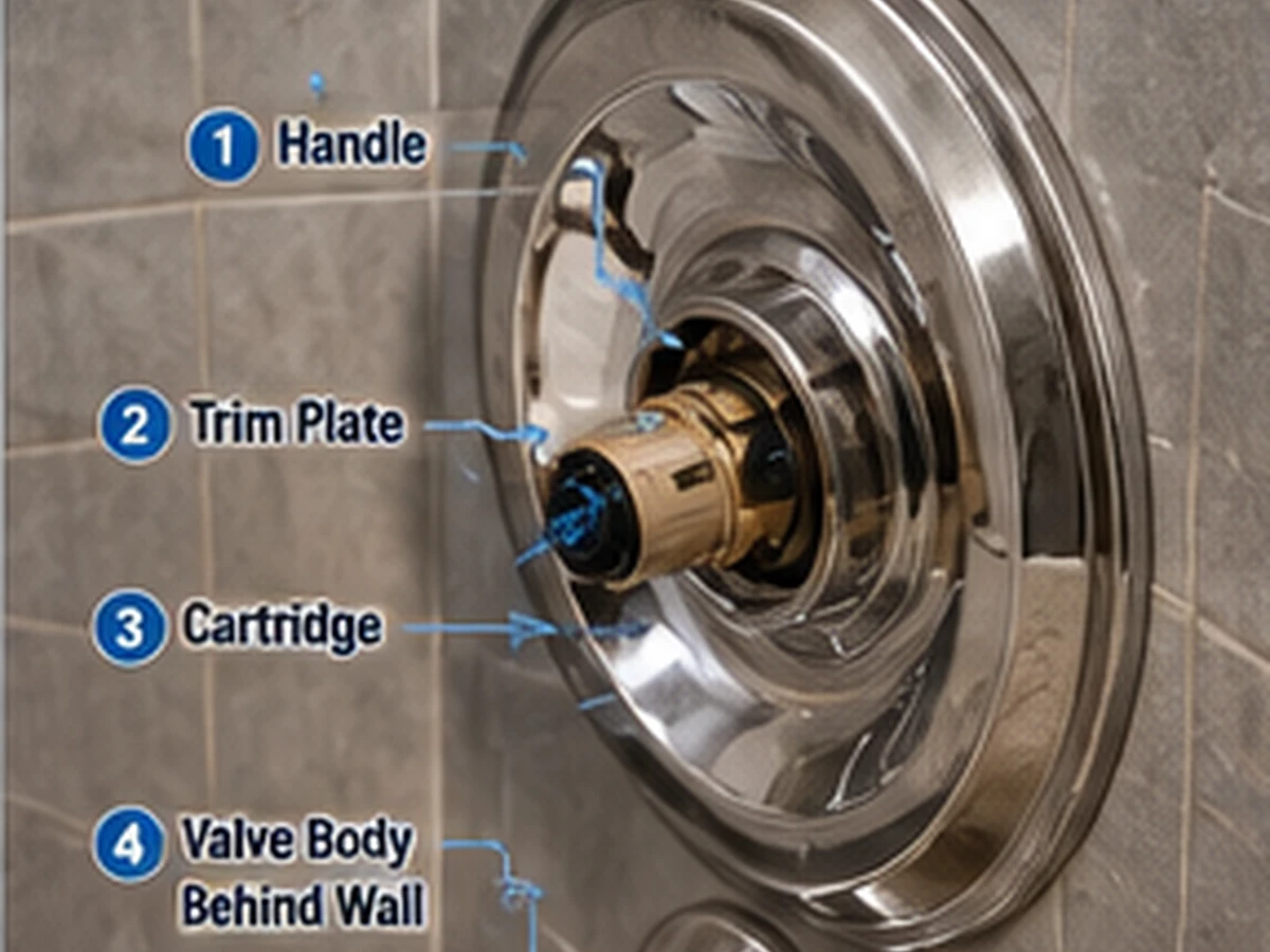 Realistic shower valve service view highlighting the cartridge in its valve-body context.