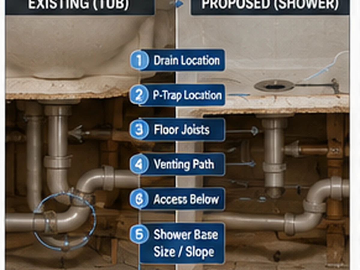 Realistic tub-to-shower conversion planning view comparing existing tub drainage with a proposed shower drain location.