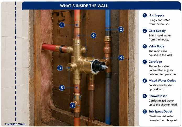 Realistic wall cutaway showing a common tub and shower mixing valve with hot and cold supplies, valve body, cartridge location, shower riser and tub-spout outlet.