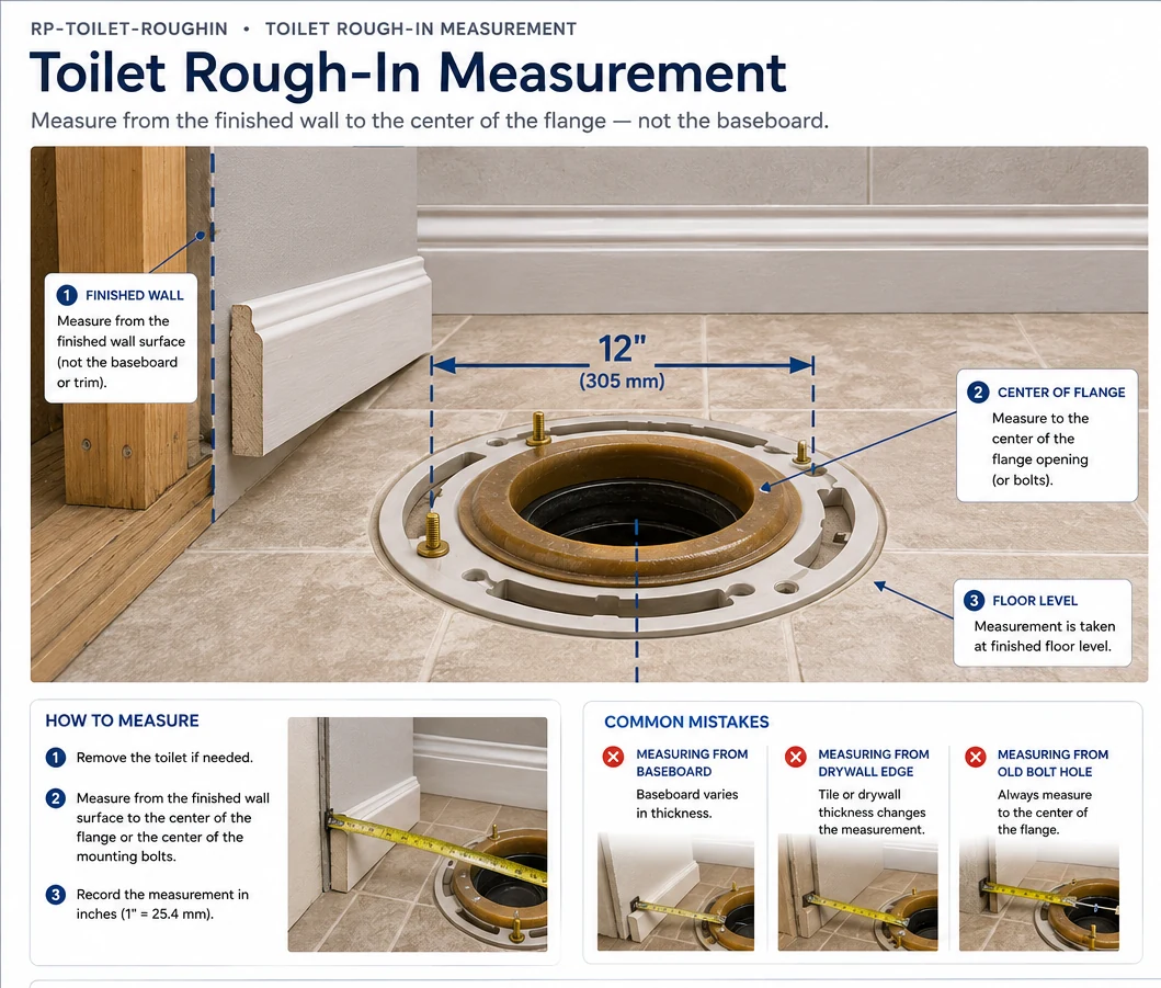 Realistic toilet rough-in measurement showing the finished wall, toilet flange and measurement to the flange center.